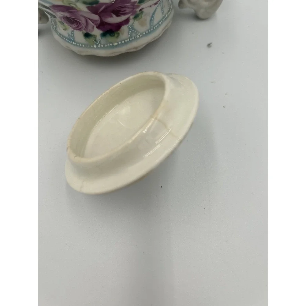 Vintage Porcelain Hand painted Floral Pink Blue Sugar Jar Double Handles Lid